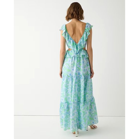 J. Crew Collection Ruffle-Trim V-Neck Cutout Maxi Dress in Lime Floral size 12 - Picture 2 of 4